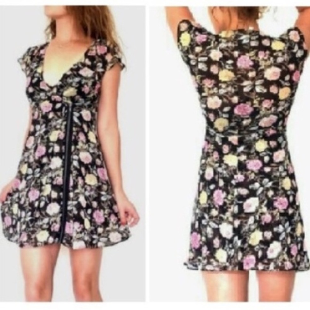 Reformed floral sheer‎ dress w/ front side zipper, Asymmetrical, v-neck, casual